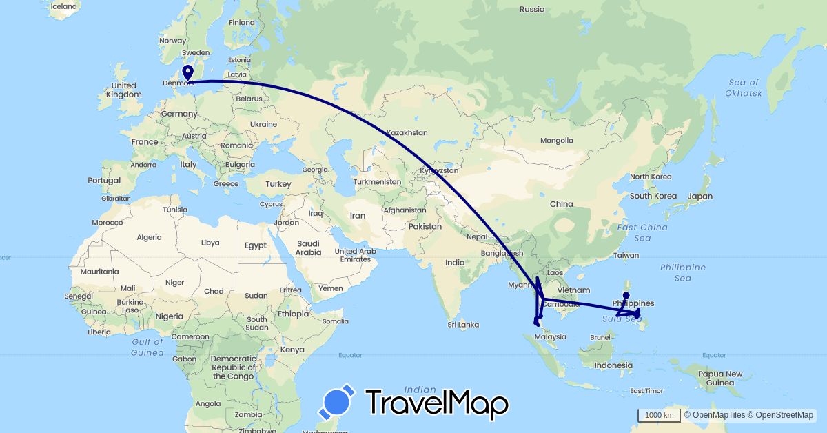 TravelMap itinerary: driving in Denmark, Philippines, Thailand (Asia, Europe)